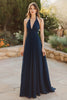 Load image into Gallery viewer, Navy A Line V-Neck Long Chiffon Bridesmaid Dress