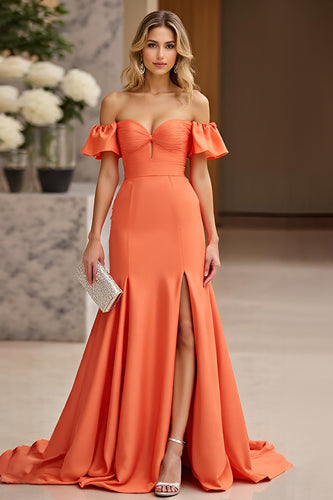 Orange Sheath Satin Off the Shoulder Prom Dress with Slit