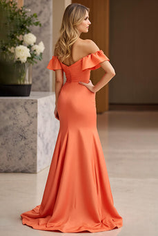 Orange Sheath Satin Off the Shoulder Prom Dress with Slit