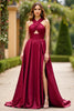 Load image into Gallery viewer, Burgundy A Line Satin Halter Prom Dress with Slit