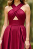 Load image into Gallery viewer, Burgundy A Line Satin Halter Prom Dress with Slit