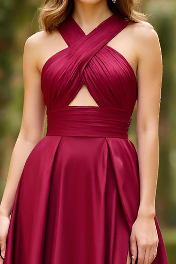 Burgundy A Line Satin Halter Prom Dress with Slit