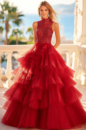 Sparkly Red A Line Tulle Tiered Prom Dress