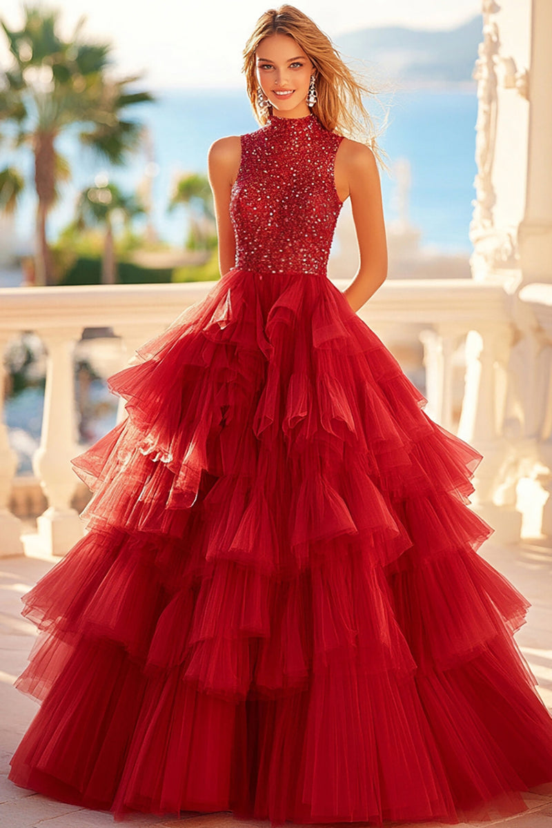 Load image into Gallery viewer, Sparkly Red A Line Tulle Tiered Prom Dress