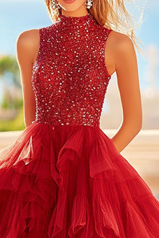 Sparkly Red A Line Tulle Tiered Prom Dress