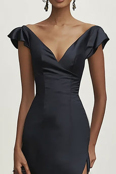 Black Satin Sheath V-Neck Prom Dress with Slit