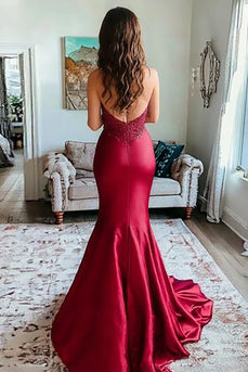 Sparkly Red Mermaid Satin Backless Prom Dress with Slit