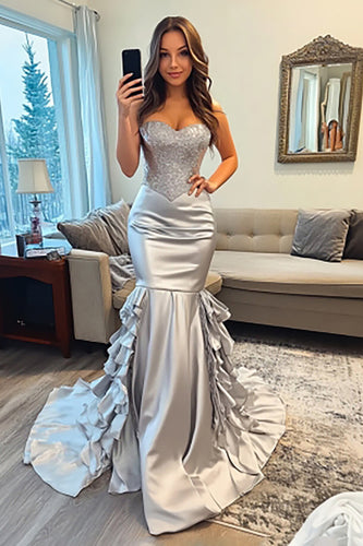 Sparkly Silver Mermaid Satin Sweetheart Long Prom Dress with Ruffles