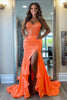 Load image into Gallery viewer, Sparkly Orange Mermaid Satin Sweetheart Long Prom Dress with Slit