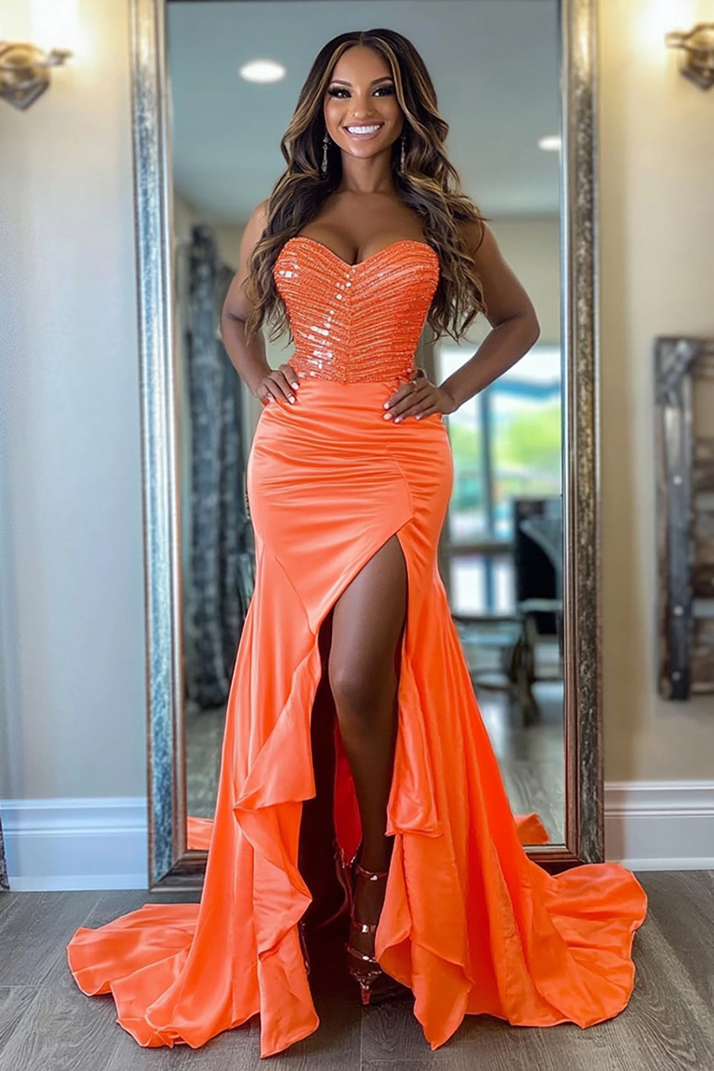 Sparkly Orange Mermaid Satin Sweetheart Long Prom Dress with Slit