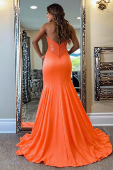 Sparkly Orange Mermaid Satin Sweetheart Long Prom Dress with Slit