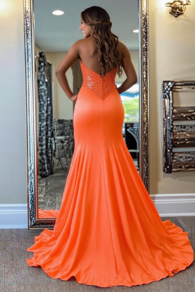 Load image into Gallery viewer, Sparkly Orange Mermaid Satin Sweetheart Long Prom Dress with Slit