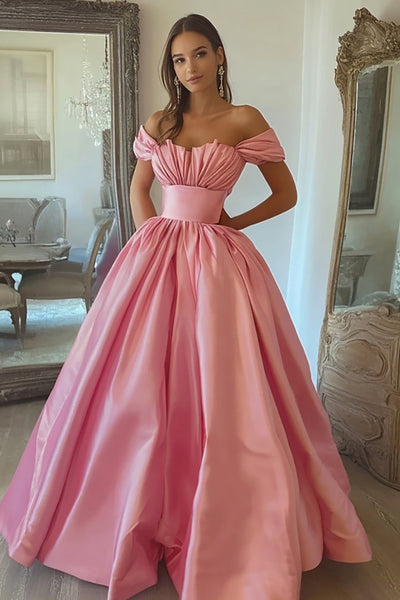 Pink A Line Satin Off the Shoulder Long Prom Dress