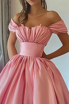 Pink A Line Satin Off the Shoulder Long Prom Dress