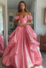 Load image into Gallery viewer, Pink A Line Satin Off the Shoulder Long Prom Dress with Ruffles