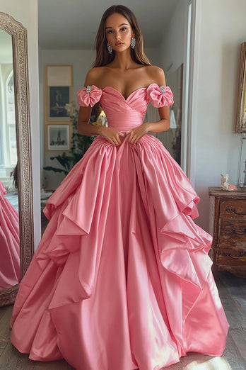 Pink A Line Satin Off the Shoulder Long Prom Dress with Ruffles