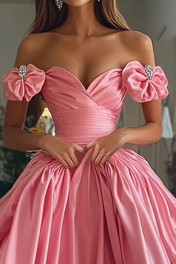 Pink A Line Satin Off the Shoulder Long Prom Dress with Ruffles