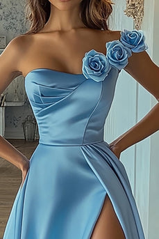 Sky Blue A Line Satin One Shoulder Long Prom Dress with Slit