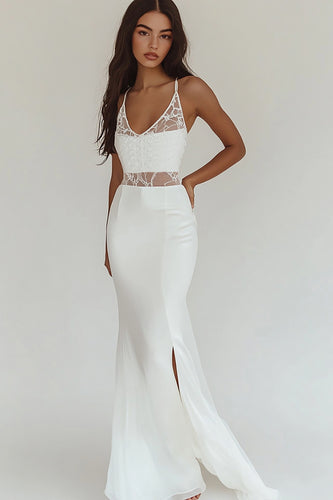 White Mermaid Satin V-Neck Rehearsal Dinner Dress with Slit