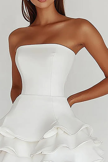 Satin White A Line Strapless Graduation Dress with Ruffles