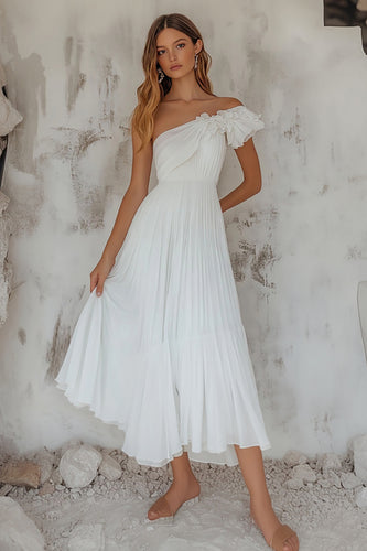 White Tulle A Line Pleated Rehearsal Dinner Dress with Ruffles