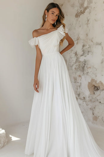 Elegant White Tulle A Line Rehearsal Dinner Dress with Ruffles