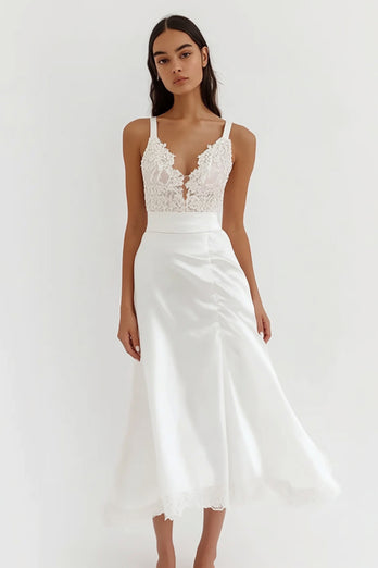 White Satin A Line Rehearsal Dinner Dress with Lace Appliques