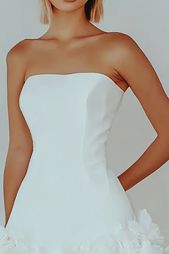 White Satin Strapless Graduation Dress with Ruffles