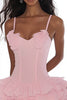 Load image into Gallery viewer, Tulle Pink A Line Spaghetti Straps Graduation Dress with Ruffles