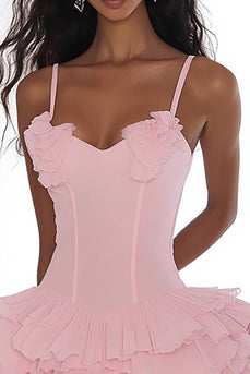 Tulle Pink A Line Spaghetti Straps Graduation Dress with Ruffles