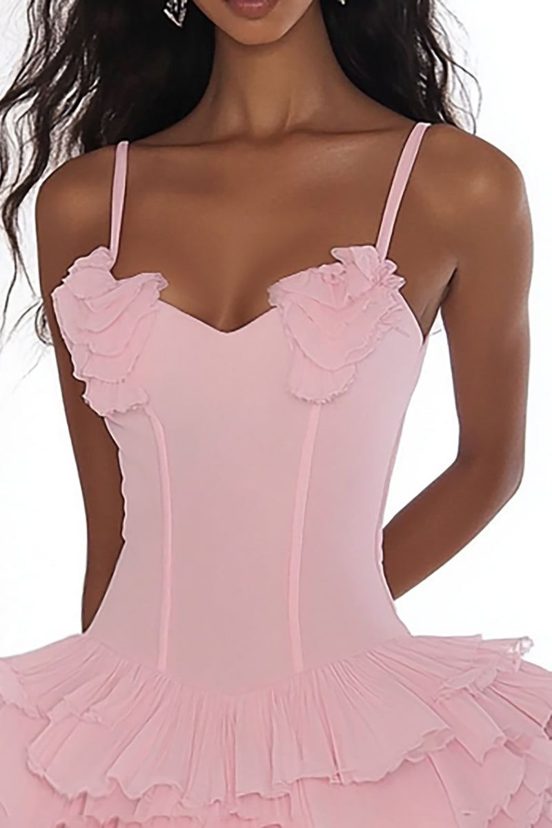 Load image into Gallery viewer, Tulle Pink A Line Spaghetti Straps Graduation Dress with Ruffles