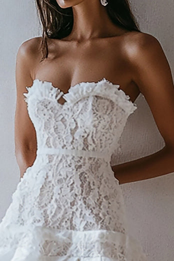 White Lace A Line Strapless Mini Graduation Dress