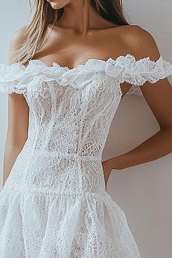 White A Line Off the Shoulder Graduation Dress with Lace Appliques