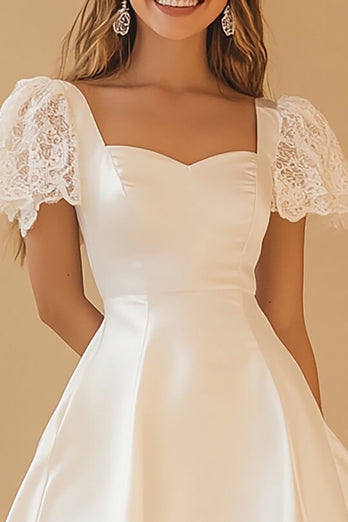 White A Line Satin Mini Graduation Dress with Lace Appliques