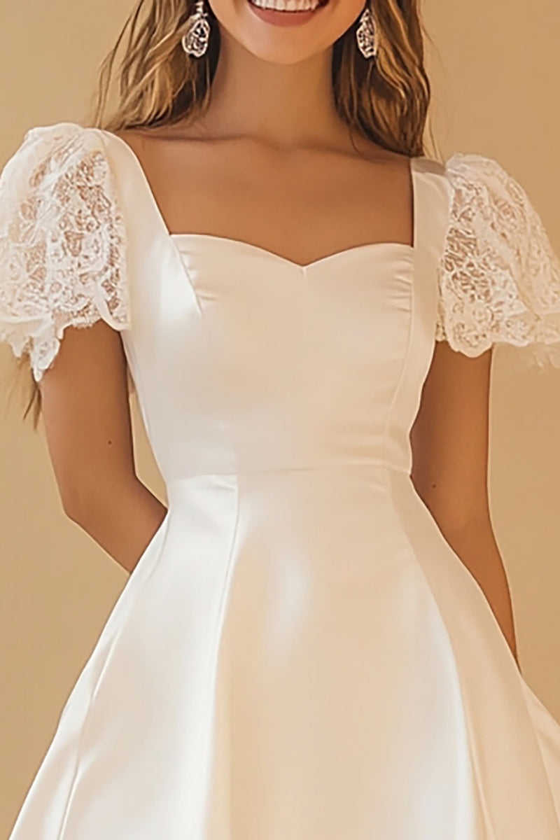 Load image into Gallery viewer, White A Line Satin Mini Graduation Dress with Lace Appliques