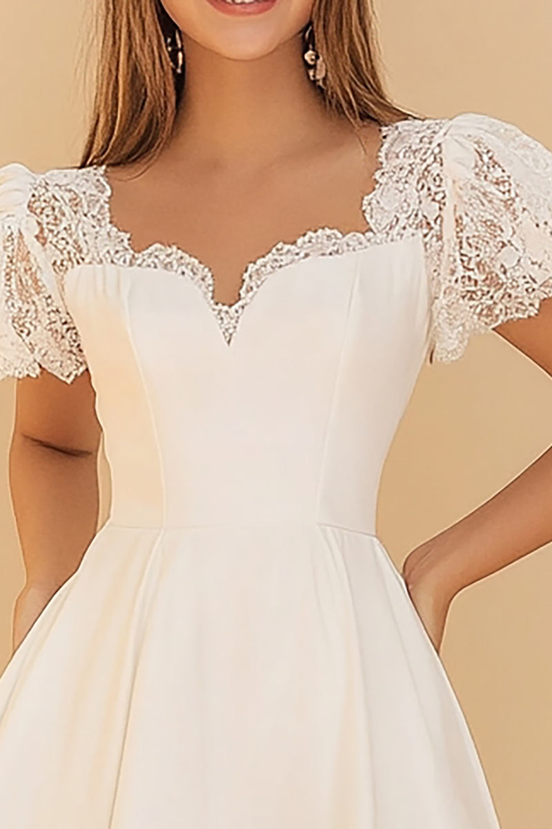 Load image into Gallery viewer, White A Line Satin Lace Appliqued Graduation Dress