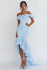 Load image into Gallery viewer, Sky Blue High-Low Satin Off the Shoulder Rehearsal Dinner Dress with Ruffles