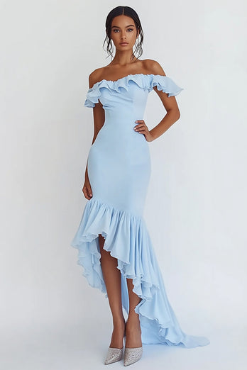 Sky Blue High-Low Satin Off the Shoulder Rehearsal Dinner Dress with Ruffles