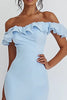 Load image into Gallery viewer, Sky Blue High-Low Satin Off the Shoulder Rehearsal Dinner Dress with Ruffles