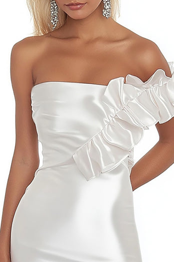 White Bodycon Satin Strapless Graduation Dress with Ruffles