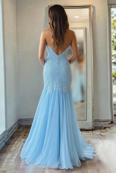 Sky Blue Mermaid Chiffon Sweetheart Long Prom Dress with Slit