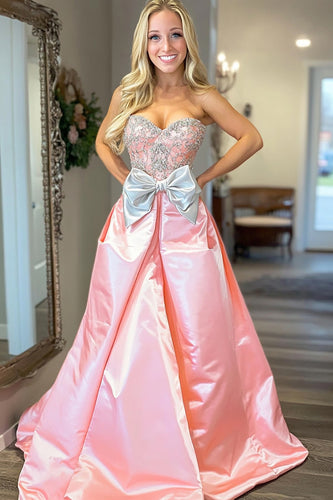 Pink A Line Satin Sweetheart Long Prom Dress with Bow