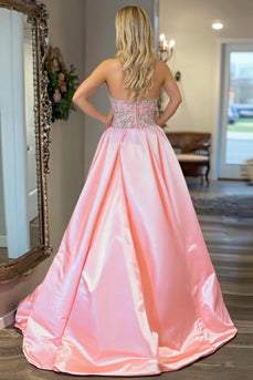 Pink A Line Satin Sweetheart Long Prom Dress with Bow