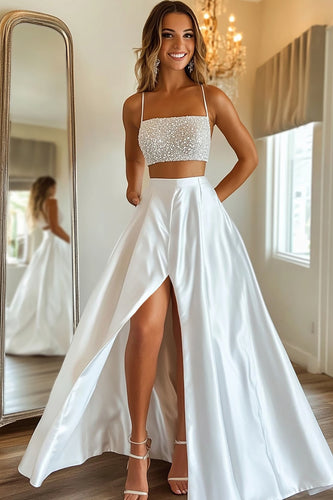 White Two-Piece Satin Long Prom Dress with Slit