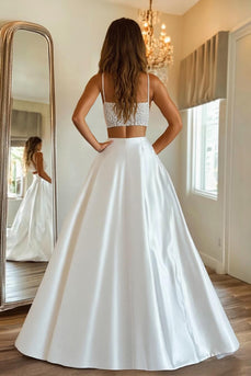 White Two-Piece Satin Long Prom Dress with Slit