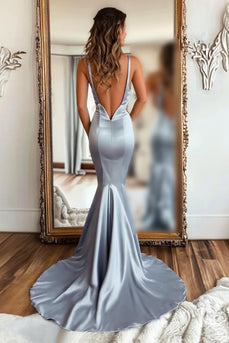 Silver Mermaid Satin Ruched Long Prom Dress with Ruffles