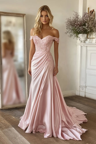 Pink A Line Satin Off the Shoulder Long Prom Dress with Appliques