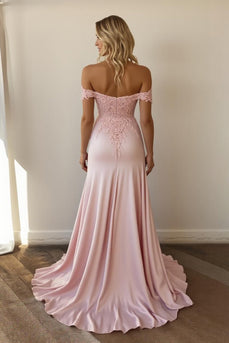 Pink A Line Satin Off the Shoulder Long Prom Dress with Appliques