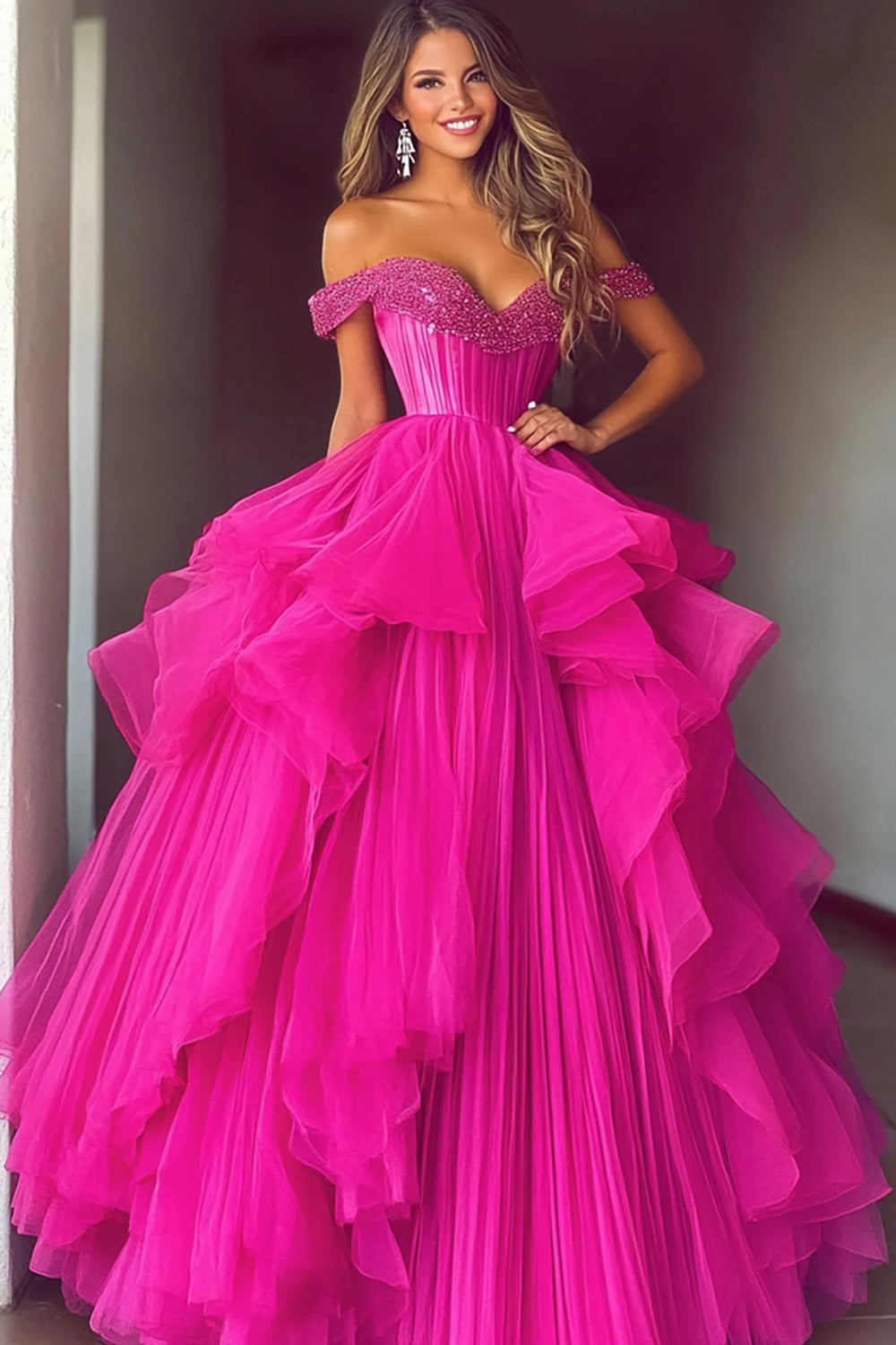 Fuchsia Ball Gown Tulle Off the Shoulder Long Prom Dress with Ruffles