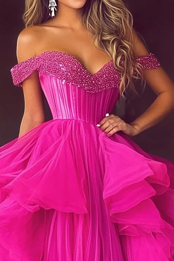 Fuchsia Ball Gown Tulle Off the Shoulder Long Prom Dress with Ruffles